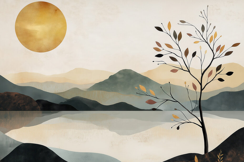 Tree and a lake with mountains and sun Tree and a lake with mountains and sun