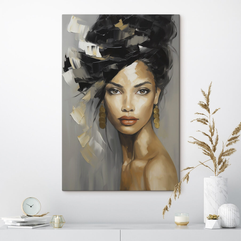 Painting of a woman with a large black and white hair Painting of a woman with a large black and white hair