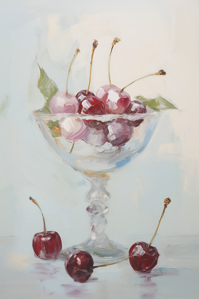 Painting of cherries in a glass