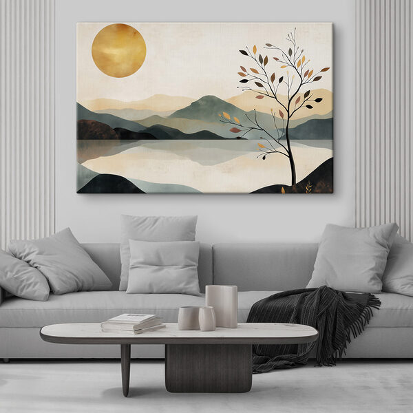 Tree and a lake with mountains and sun Tree and a lake with mountains and sun