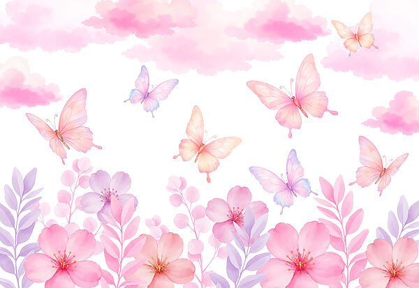 Pink and purple flowers and butterflies Pink and purple flowers and butterflies