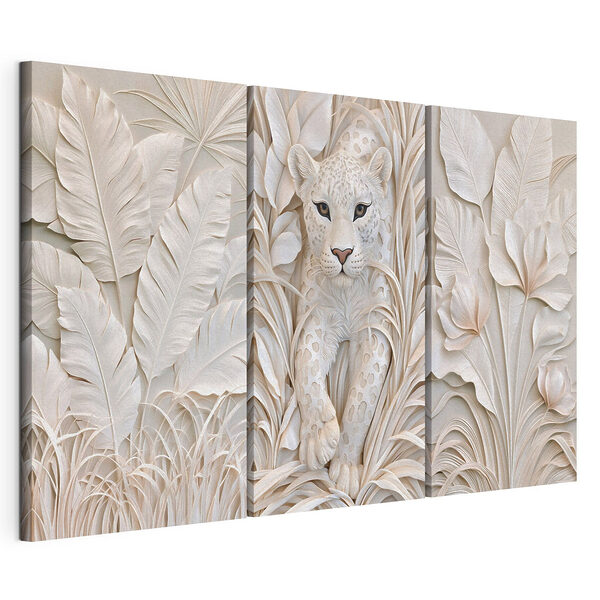 Tablou modular pe pânză Sculptură reprezentând un tigru alb cu frunze