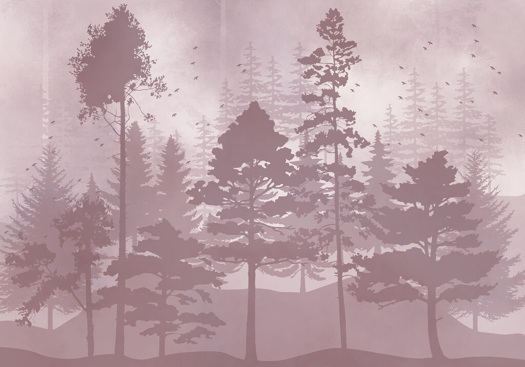 Group of trees with birds flying