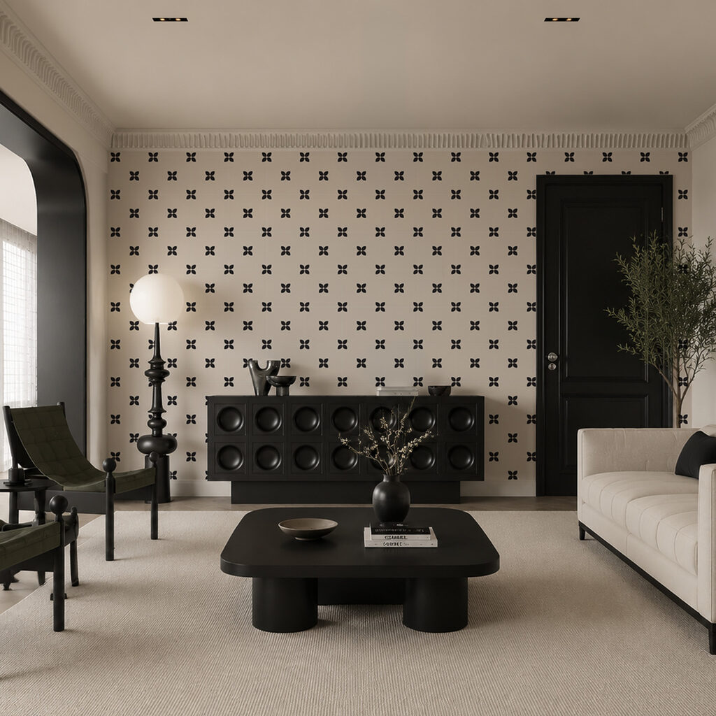 Fototapet Motiv cu flori mici, albe și negre (SKU: t01066) Fototapet Motiv cu flori mici, albe și negre (SKU: t01066)