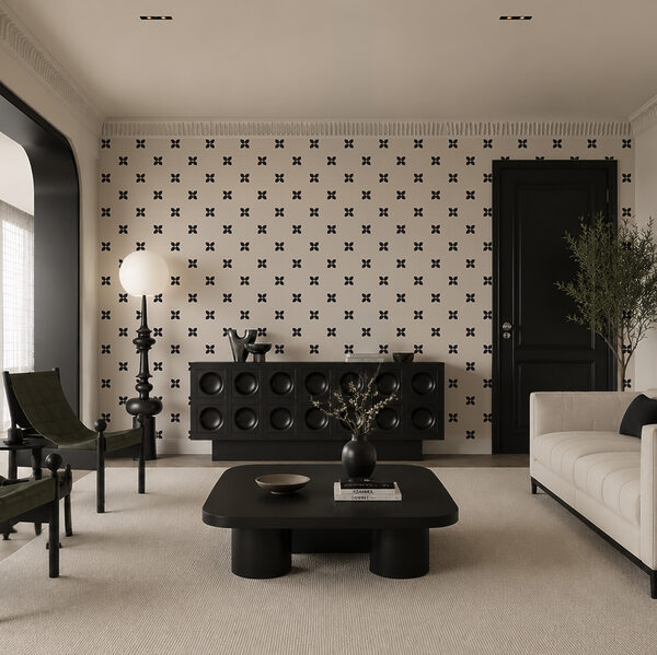 Fototapet Motiv cu flori mici, albe și negre (SKU: t01066) Fototapet Motiv cu flori mici, albe și negre (SKU: t01066)