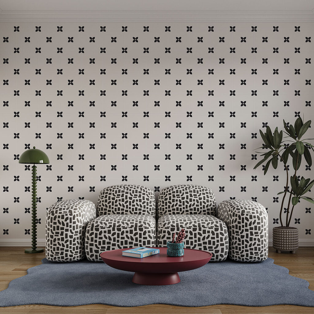 Fototapet Motiv cu flori mici, albe și negre (SKU: t01066) Fototapet Motiv cu flori mici, albe și negre (SKU: t01066)