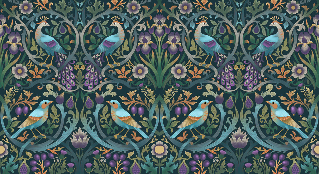 Fototapet Model floral colorat, cu păsări și flori (SKU: t01166)