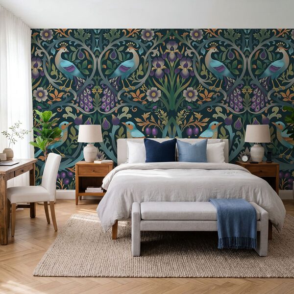 Fototapet Model floral colorat, cu păsări și flori (SKU: t01166)