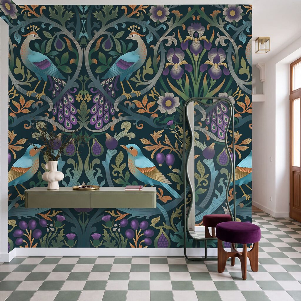 Fototapet Model floral colorat, cu păsări și flori (SKU: t01166)