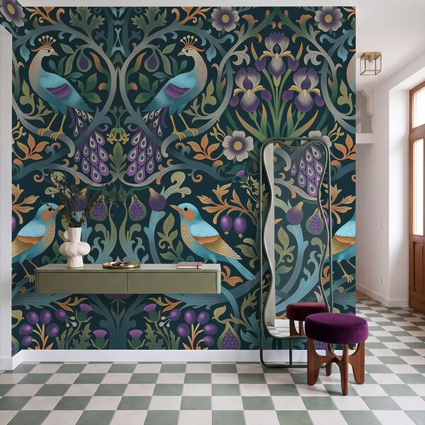 Fototapet Model floral colorat, cu păsări și flori (SKU: t01166)